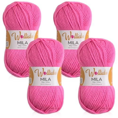 Wollidu Mila Garn zum Häkeln und Stricken 4 x 50g/133m Strickgarn 100% Polyacryl Häkelgarn Candy Pink von Wollidu