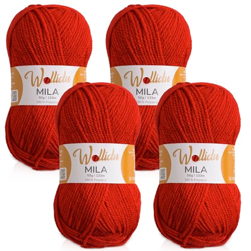 Wollidu Mila Garn zum Häkeln und Stricken 4 x 50g/133m Strickgarn 100% Polyacryl Häkelgarn Feuer Rot von Wollidu