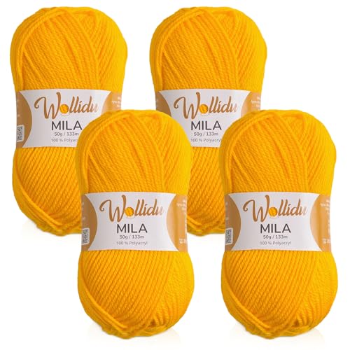 Wollidu Mila Garn zum Häkeln und Stricken 4 x 50g/133m Strickgarn 100% Polyacryl Häkelgarn Gelb von Wollidu