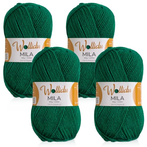 Wollidu Mila Garn zum Häkeln und Stricken 4 x 50g/133m Strickgarn 100% Polyacryl Häkelgarn Gras Grün von Wollidu