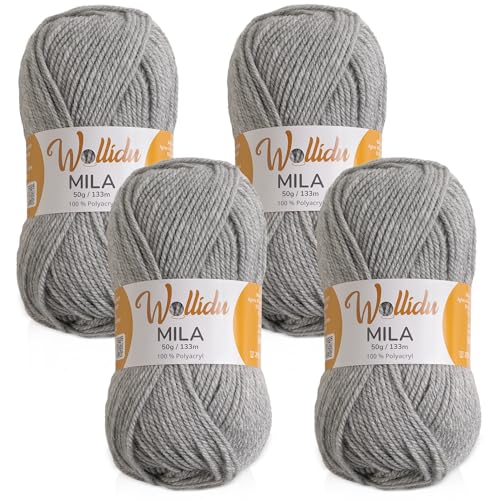 Wollidu Mila Garn zum Häkeln und Stricken 4 x 50g/133m Strickgarn 100% Polyacryl Häkelgarn Hellgrau von Wollidu