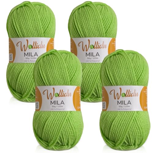 Wollidu Mila Garn zum Häkeln und Stricken 4 x 50g/133m Strickgarn 100% Polyacryl Häkelgarn Kiwi Grün von Wollidu