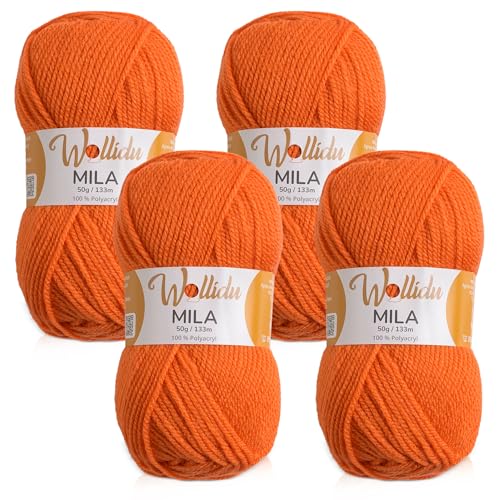 Wollidu Mila Garn zum Häkeln und Stricken 4 x 50g/133m Strickgarn 100% Polyacryl Häkelgarn Kürbis Orange von Wollidu