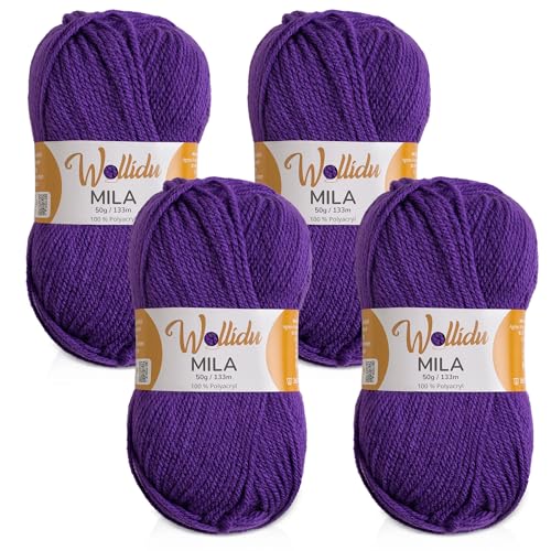 Wollidu Mila Garn zum Häkeln und Stricken 4 x 50g/133m Strickgarn 100% Polyacryl Häkelgarn Lila von Wollidu