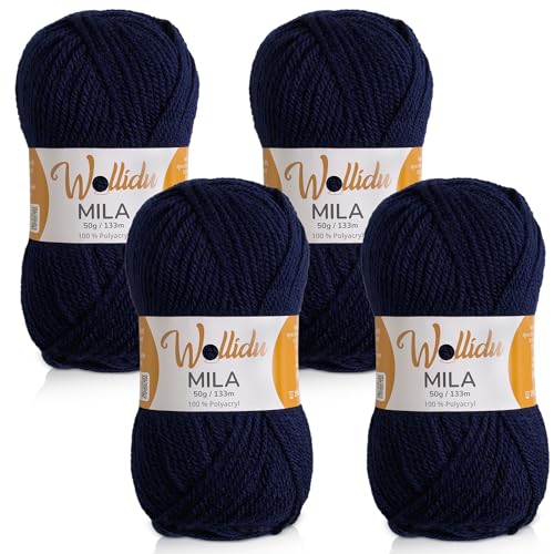 Wollidu Mila Garn zum Häkeln und Stricken 4 x 50g/133m Strickgarn 100% Polyacryl Häkelgarn Marine Blau von Wollidu