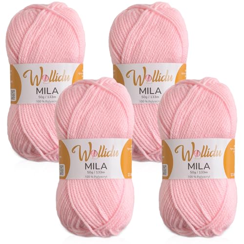 Wollidu Mila Garn zum Häkeln und Stricken 4 x 50g/133m Strickgarn 100% Polyacryl Häkelgarn Rosa von Wollidu