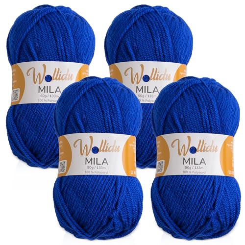 Wollidu Mila Garn zum Häkeln und Stricken 4 x 50g/133m Strickgarn 100% Polyacryl Häkelgarn Royal Blau von Wollidu