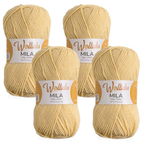 Wollidu Mila Garn zum Häkeln und Stricken 4 x 50g/133m Strickgarn 100% Polyacryl Häkelgarn Sand von Wollidu