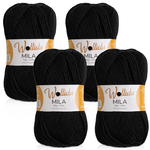 Wollidu Mila Garn zum Häkeln und Stricken 4 x 50g/133m Strickgarn 100% Polyacryl Häkelgarn Schwarz von Wollidu