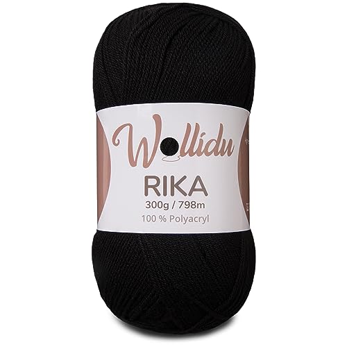 Wollidu Rika Garn zum Häkeln und Stricken 300g / 798m Strickgarn 100% Polyacryl Häkelgarn Schwarz von Wollidu