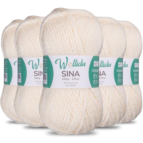 Wollidu Sina Wolle zum Stricken und Häkeln 500g Premium Strickwolle/Häkelwolle Set OEKO-TEX zertifiziert 5 x 100g/170m 80% Polyacryl 20% Schafwolle mulesing-frei - Creme von Wollidu