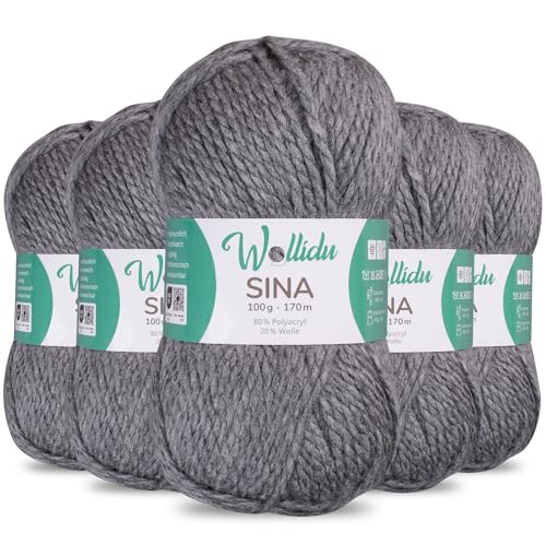 Wollidu Sina Wolle zum Stricken und Häkeln 500g Premium Strickwolle/Häkelwolle Set OEKO-TEX zertifiziert 5 x 100g/170m 80% Polyacryl 20% Schafwolle mulesing-frei - Dunkelgrau von Wollidu