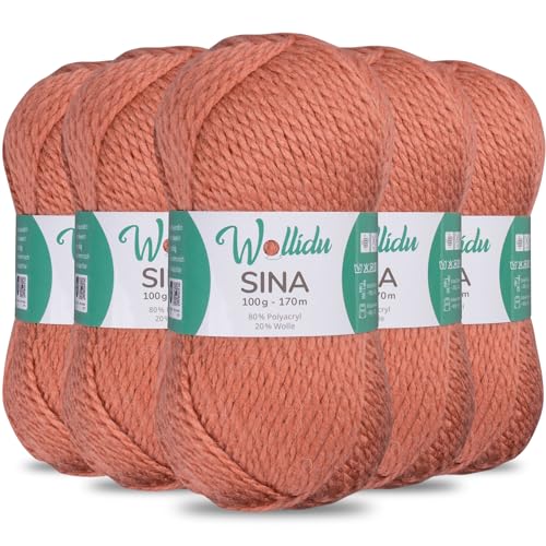 Wollidu Sina Wolle zum Stricken und Häkeln 500g Premium Strickwolle/Häkelwolle Set OEKO-TEX zertifiziert 5 x 100g/170m 80% Polyacryl 20% Schafwolle mulesing-frei - Erdrosa von Wollidu