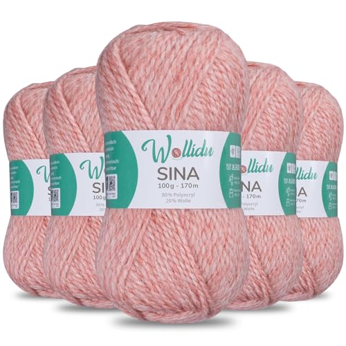 Wollidu Sina Wolle zum Stricken und Häkeln 500g Premium Strickwolle/Häkelwolle Set OEKO-TEX zertifiziert 5 x 100g/170m 80% Polyacryl 20% Schafwolle mulesing-frei - Hellrosa Melange von Wollidu