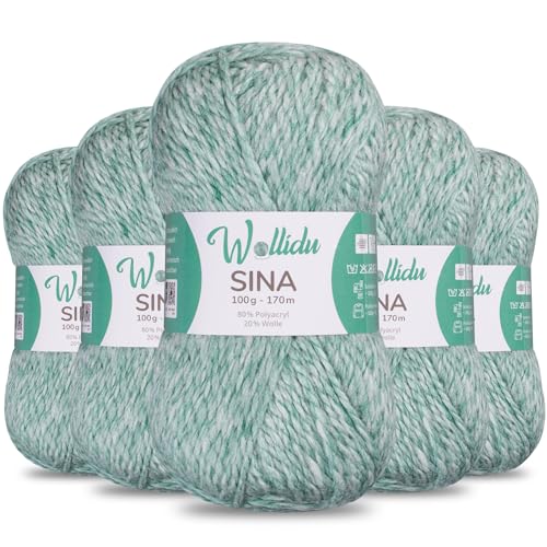 Wollidu Sina Wolle zum Stricken und Häkeln 500g Premium Strickwolle/Häkelwolle Set OEKO-TEX zertifiziert 5 x 100g/170m 80% Polyacryl 20% Schafwolle mulesing-frei - Minz Grün Melange von Wollidu