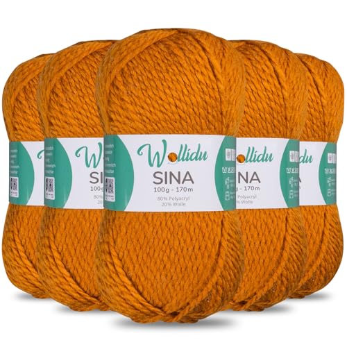 Wollidu Sina Wolle zum Stricken und Häkeln 500g Premium Strickwolle/Häkelwolle Set OEKO-TEX zertifiziert 5 x 100g/170m 80% Polyacryl 20% Schafwolle mulesing-frei - Rostorange von Wollidu