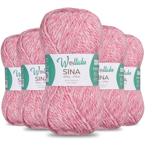 Wollidu Sina Wolle zum Stricken und Häkeln 500g Premium Strickwolle/Häkelwolle Set OEKO-TEX zertifiziert 5 x 100g/170m 80% Polyacryl 20% Schafwolle mulesing-frei - Pastellrosa Melange von Wollidu