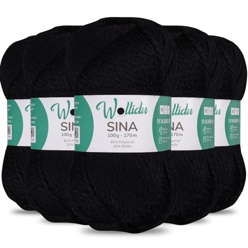 Wollidu Sina Wolle zum Stricken und Häkeln 500g Premium Strickwolle/Häkelwolle Set OEKO-TEX zertifiziert 5 x 100g/170m 80% Polyacryl 20% Schafwolle mulesing-frei - Schwarz von Wollidu