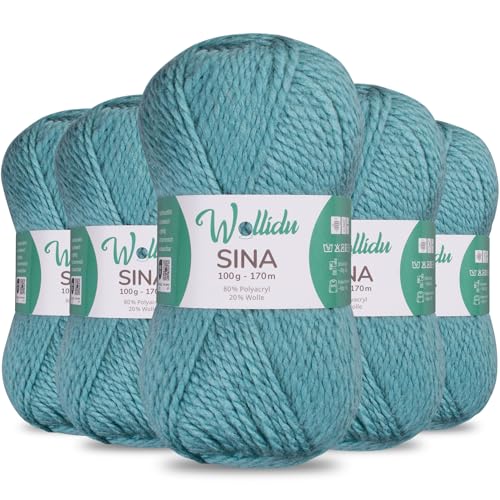 Wollidu Sina Wolle zum Stricken und Häkeln 500g Premium Strickwolle/Häkelwolle Set OEKO-TEX zertifiziert 5 x 100g/170m 80% Polyacryl 20% Schafwolle mulesing-frei - Türkis von Wollidu