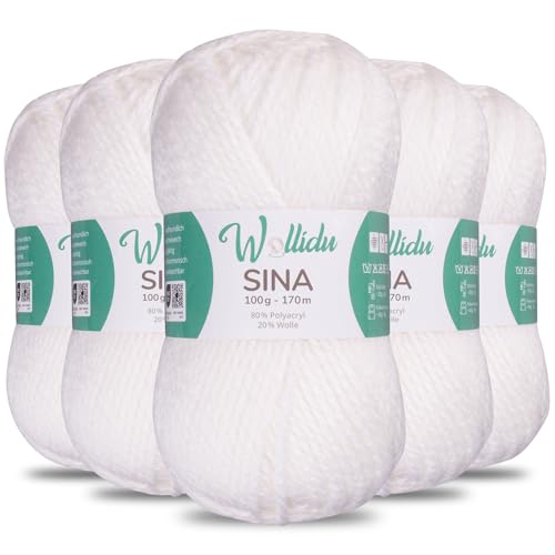 Wollidu Sina Wolle zum Stricken und Häkeln 500g Premium Strickwolle/Häkelwolle Set OEKO-TEX zertifiziert 5 x 100g/170m 80% Polyacryl 20% Schafwolle mulesing-frei - Weiß von Wollidu