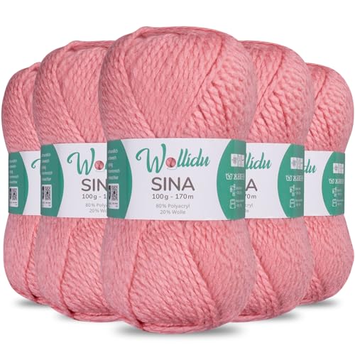 Wollidu Sina Wolle zum Stricken und Häkeln 500g Premium Strickwolle/Häkelwolle Set OEKO-TEX zertifiziert 5 x 100g/170m 80% Polyacryl 20% Schafwolle mulesing-frei - Zartrosa von Wollidu