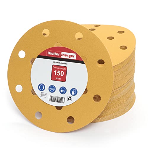 Woltersberger® 10 Stück Exzenter Schleifscheiben Ø 150mm | Körnung P320 | 15 Loch in gold | Schleifpapier für optimales schleifen, vielseitig einsetzbar von Woltersberger