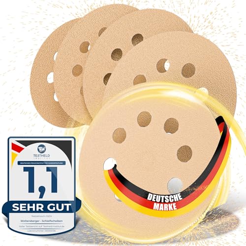 Woltersberger® Exzenter Schleifscheiben Ø 125mm | 8 Loch in gold | Schleifpapier für optimales schleifen, vielseitig einsetzbar, verschiedene Körnungen und Stückzahlen (100 Stück, P120 Körnung) von Woltersberger