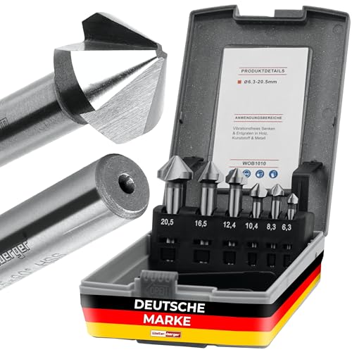 Woltersberger® 6 teiliges TiN beschichtete Kegelsenker Set 90° Ø 6,3-20,5 mm - scharfe, präzise Senker und Entgrater für Holz, Metall, Kunststoff - Senkbohrer Versenker in praktischer Aufbewahrungsbox von Woltersberger