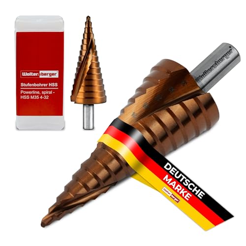 Woltersberger® Cobalt HSS-E Powerline Spiral Stufenbohrer | Kegelbohrer Ø 4-32mm | HSS Lochbohrer mit 15 Stufen passt in jedes Bohrfutter | Ideal für Edelstahl, Metall, Aluminium, Messing, Holz von Woltersberger