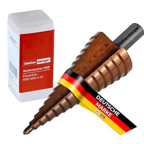 Woltersberger® Cobalt HSS-E Stufenbohrer mit 10mm Schaft | Kegelbohrer Ø 4-32mm | HSS Stufenbohrer mit 15 Stufen | Ideal für Edelstahl, Metall, Holz, Aluminium, Messing, Kunststoff von Woltersberger