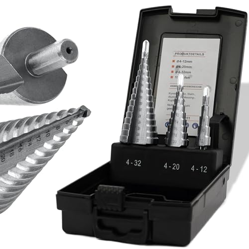 Woltersberger® HSS Stufenbohrer 3 teiliges Set | Kegelbohrer Ø4-32mm, 4-20mm, 4-12mm | Blechbohrer Konusbohrer für saubere Bohrlöcher | Schälbohrer für Metall, Holz, Aluminium, Messing und Kunststoffe von Woltersberger