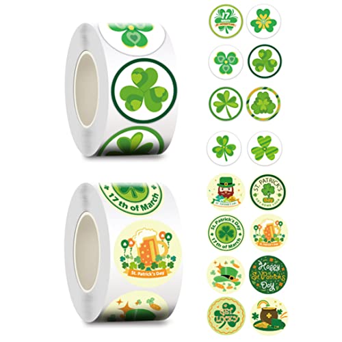 Womsclo St. Patrick's Day Sticker Shamrock Roll Aufkleber Green Lucky Sticker für Irish Party Supply 2Rolls, St. Patrick's Day Sticker von Womsclo