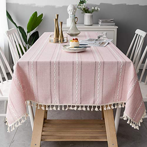 Wondder Tischdecken Baumwoll Leinen Tischdecke Quaste Tischdecke für Party Bankett Esstisch (Rosa gestreifte Mulde, 140x300cm(55x118.1inch)) von Wondder