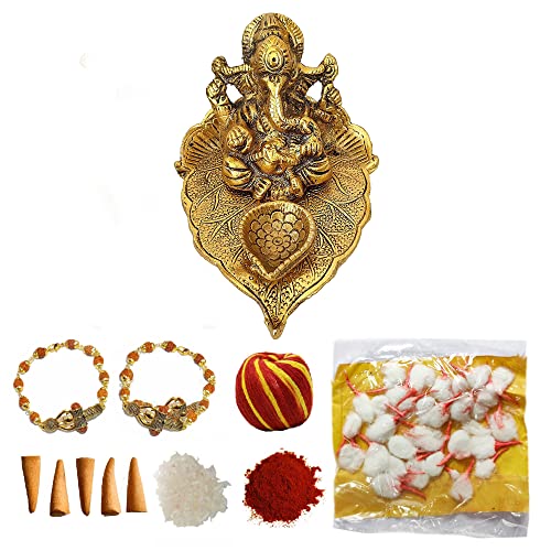 Rakhi für Brüder Rakhi Combo mit Geschenk – Roli Chawal Tika – Raksha Bandhan Wunschkarte – Rakhee für Bhaiya Bhabhi Kombi-Set (Leaf Ganesh Combo) von Wonder Care