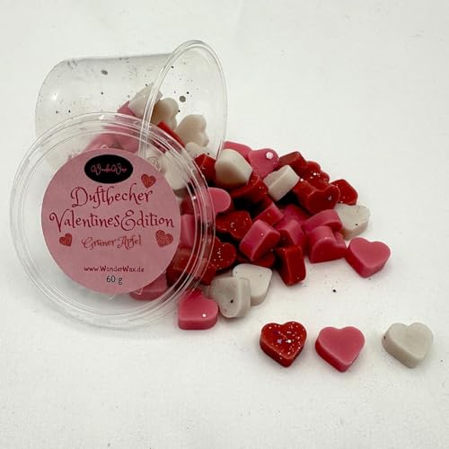 WonderWax | Becher Duftwachs Wax Melts Valentin Herzen | 100% Sojawachs Raumduft Bio Glitzer | Geschenk Set für Raumdüfte | Hochzeiten,Geburtstag,Valentinstag,Muttertag | Grüner Apfel von WonderWax