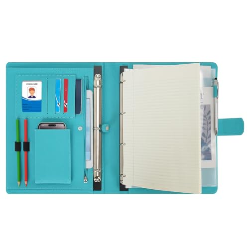 Wonderpool A4 PU Leder Ringhalter Schreibmappen Multi Dokumententasche mit Herausnehmbarem Binder Klemmbretter und funktioneller Tasche für Organizer Büro Reise Schule (Cyan) von Wonderpool