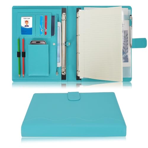 Wonderpool A4 PU Leder Ringhalter Schreibmappen Multi Dokumententasche mit Herausnehmbarem Binder Klemmbretter und funktioneller Tasche für Organizer Büro Reise Schule (Cyan) von Wonderpool