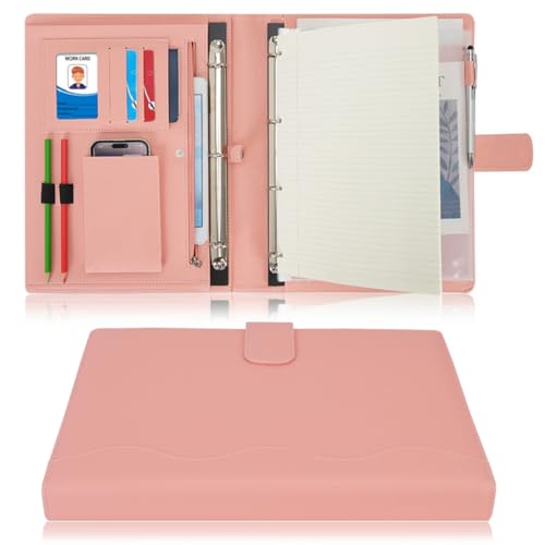 Wonderpool A4 PU Leder Ringhalter Schreibmappen Multi Dokumententasche mit Herausnehmbarem Binder Klemmbretter und funktioneller Tasche für Organizer Büro Reise Schule (Rosa) von Wonderpool