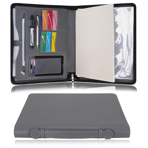 Wonderpool A4 Reißverschluss Dokumentenmappe Leder PU Schreibmappen Portfolio Ringbuch Klemmbretter Padfolio Tasche für Geschäftsreisen Präsentationsmappe Organizer (Grau) von Wonderpool