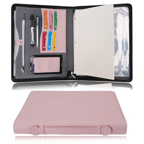 Wonderpool A4 Reißverschluss Dokumentenmappe Leder PU Schreibmappen Portfolio Ringbuch Klemmbretter Padfolio Tasche für Geschäftsreisen Präsentationsmappe Organizer (Rosa) von Wonderpool