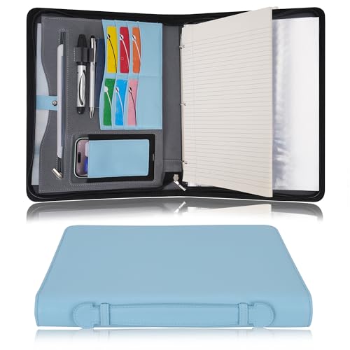 Wonderpool A4 Reißverschluss Dokumentenmappe Leder PU Schreibmappen Portfolio Ringbuch Klemmbretter Padfolio Tasche für Geschäftsreisen Präsentationsmappe Organizer (Hellblau) von Wonderpool