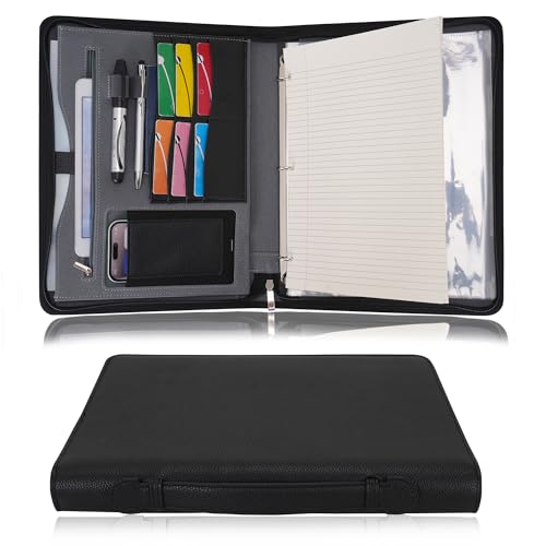 Wonderpool A4 Reißverschluss Dokumentenmappe Leder PU Schreibmappen Portfolio Ringbuch Klemmbretter Padfolio Tasche für Geschäftsreisen Präsentationsmappe Organizer (Schwarz) von Wonderpool