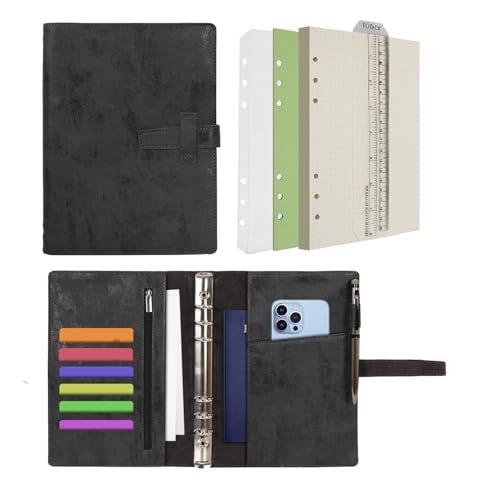 Wonderpool A5 Leder Ringbuch Tagebuch Notizbuch Organizer Ordner - Nachfüllbar Gepunktetes Papier und Multi Taschen für Business Studium Reisen (A5, Schwarz) von Wonderpool