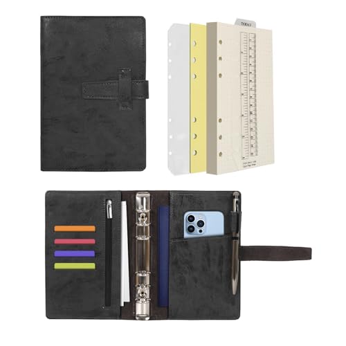 Wonderpool A6 Leder Ringbuch Tagebuch Notizbuch Organizer Ordner - Nachfüllbar Gepunktetes Papier und Multi Taschen für Business Studium Reisen (A6, Schwarz) von Wonderpool