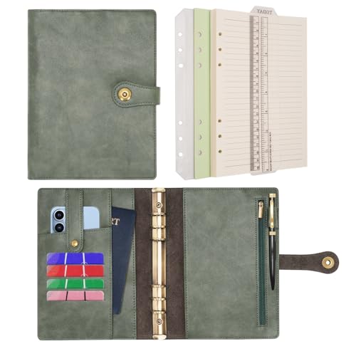 Wonderpool Ringbuch Notizbuch A5 Nachfüllbar Leder Tagebuch Organizer Binder Ordner mit Taschen Liniertes Papier Stift für Büro Schule Geschäft Reisen Planung Schreiben (Grün,A5) von Wonderpool