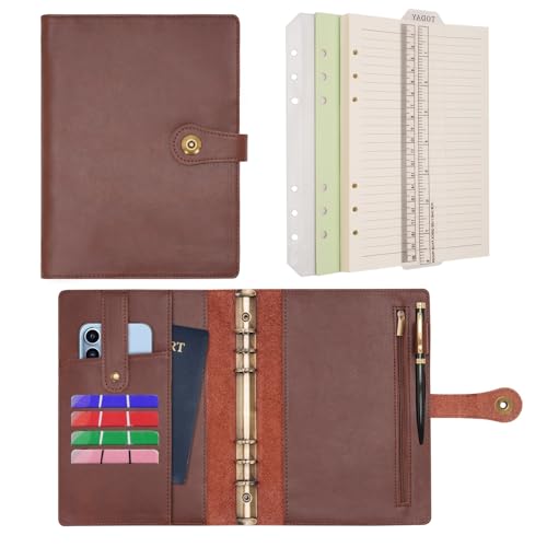 Wonderpool Ringbuch Notizbuch A5 Nachfüllbar Leder Tagebuch Organizer Binder Ordner mit Taschen Liniertes Papier Stift für Büro Schule Geschäft Reisen Planung Schreiben (Kaffee,A5) von Wonderpool