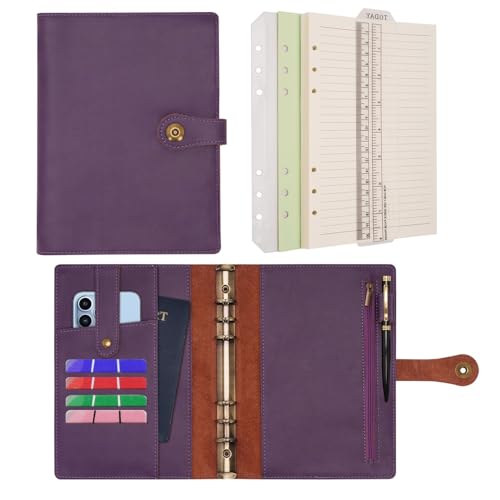 Wonderpool Ringbuch Notizbuch A5 Nachfüllbar Leder Tagebuch Organizer Binder Ordner mit Taschen Liniertes Papier Stift für Büro Schule Geschäft Reisen Planung Schreiben (Lila,A5) von Wonderpool