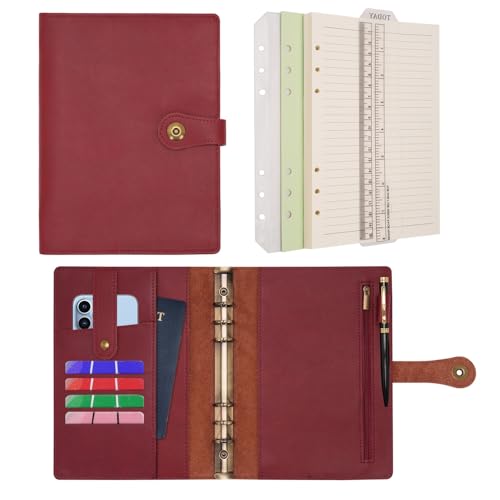 Wonderpool Ringbuch Notizbuch A5 Nachfüllbar Leder Tagebuch Organizer Binder Ordner mit Taschen Liniertes Papier Stift für Büro Schule Geschäft Reisen Planung Schreiben (Weinrot,A5) von Wonderpool