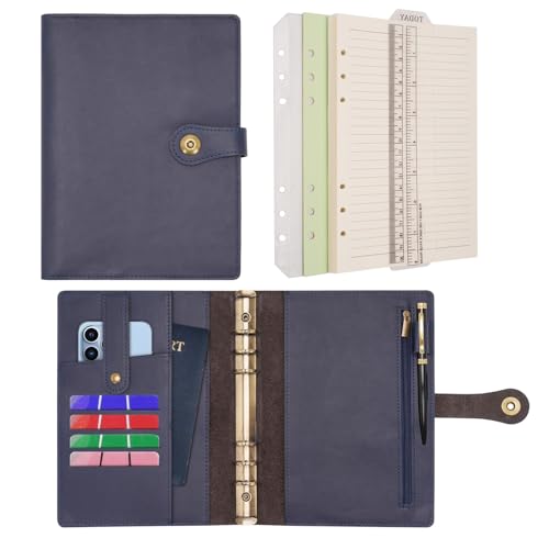 Wonderpool Ringbuch Notizbuch A5 Nachfüllbar Leder Tagebuch Organizer Binder Ordner mit Taschen Liniertes Papier Stift für Büro Schule Geschäft Reisen Planung Schreiben (lBlau,A5) von Wonderpool