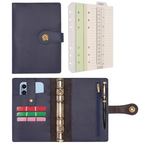 Wonderpool Ringbuch Notizbuch A6 Nachfüllbar Leder Tagebuch Organizer Binder Ordner mit Taschen Liniertes Papier Stift für Büro Schule Geschäft Reisen Planung Schreiben (Blau,A6) von Wonderpool